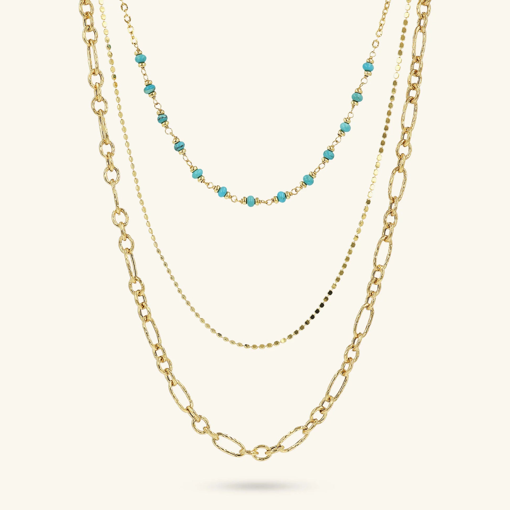 Multi-Strand Diamond-Cut Necklace with Natural Turquoise Stone
