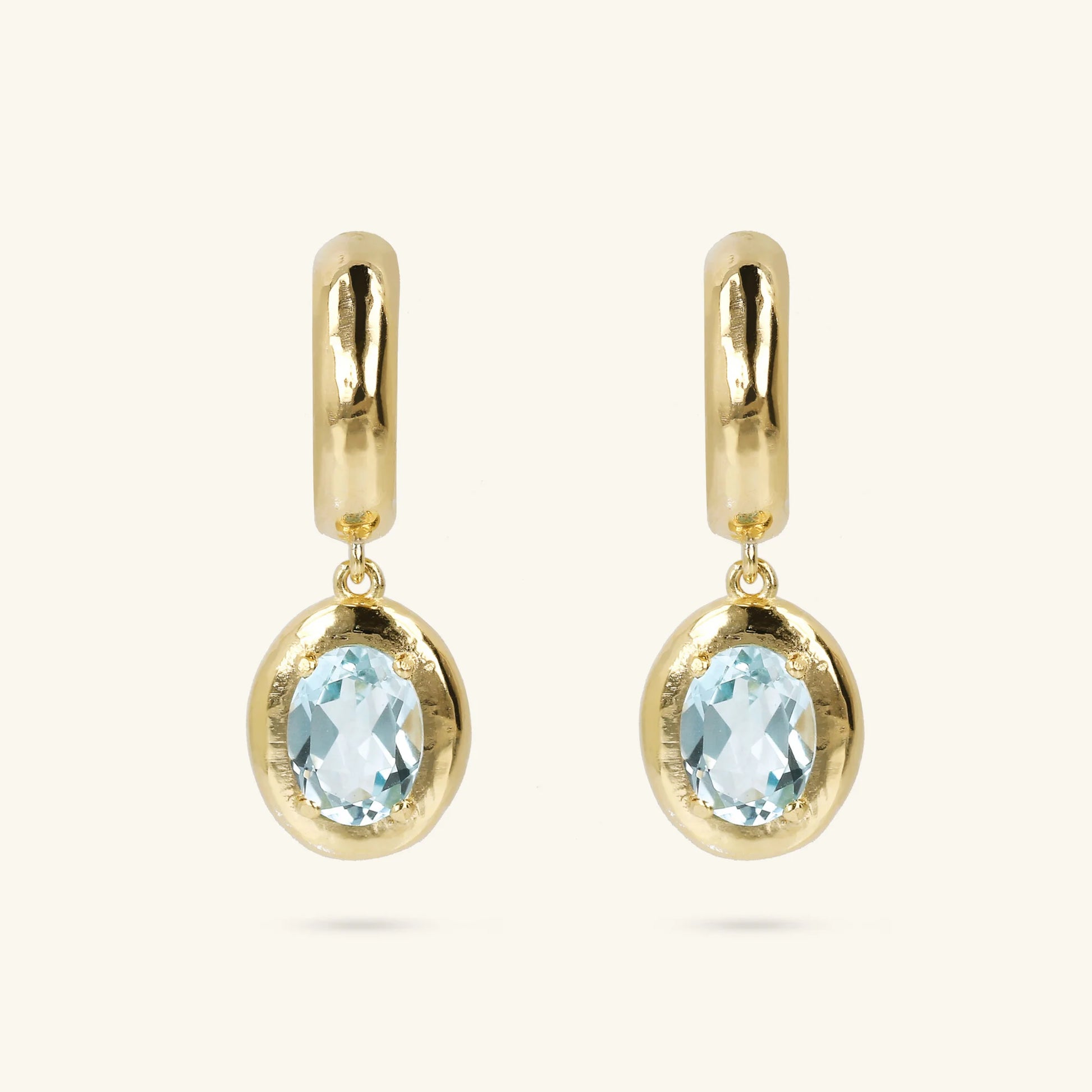 925 Sterling Silver 18Kt Yellow Gold Plated Hammered Pendant Earrings with Oval Natural Stone