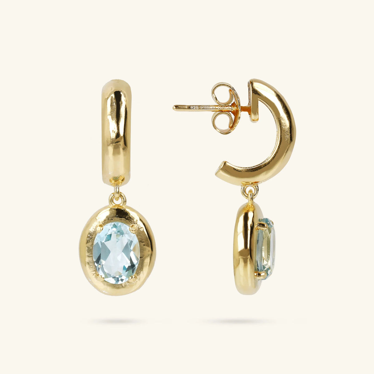 925 Sterling Silver 18Kt Yellow Gold Plated Hammered Pendant Earrings with Oval Natural Stone