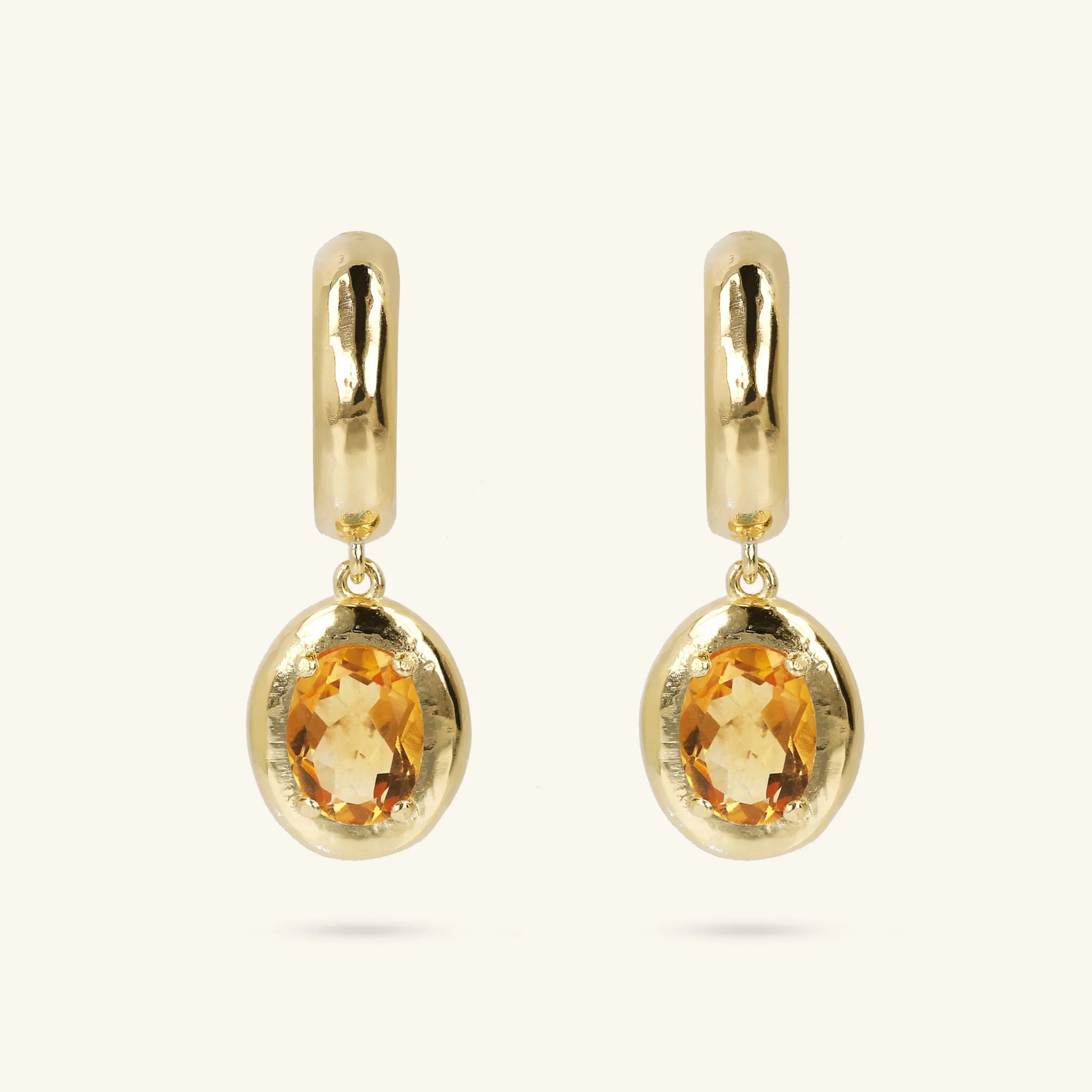 925 Sterling Silver 18Kt Yellow Gold Plated Hammered Pendant Earrings with Oval Natural Stone