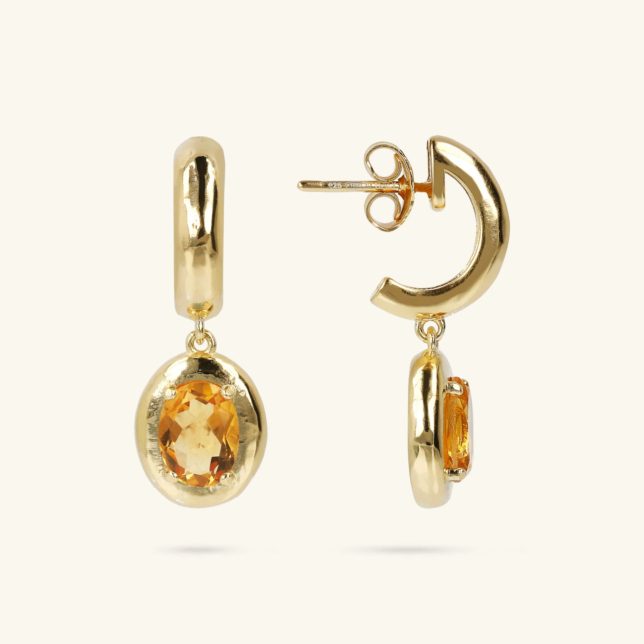 925 Sterling Silver 18Kt Yellow Gold Plated Hammered Pendant Earrings with Oval Natural Stone