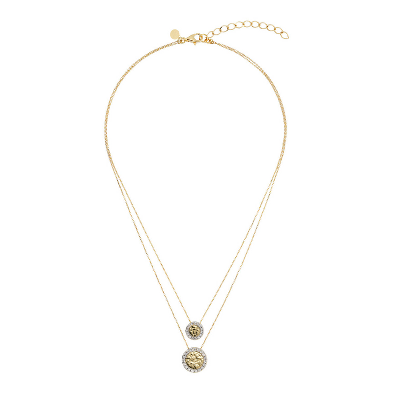 Multi-strand Rolo Chain Necklace with Hammered and Pavé Disc Pendants in Cubic Zirconia