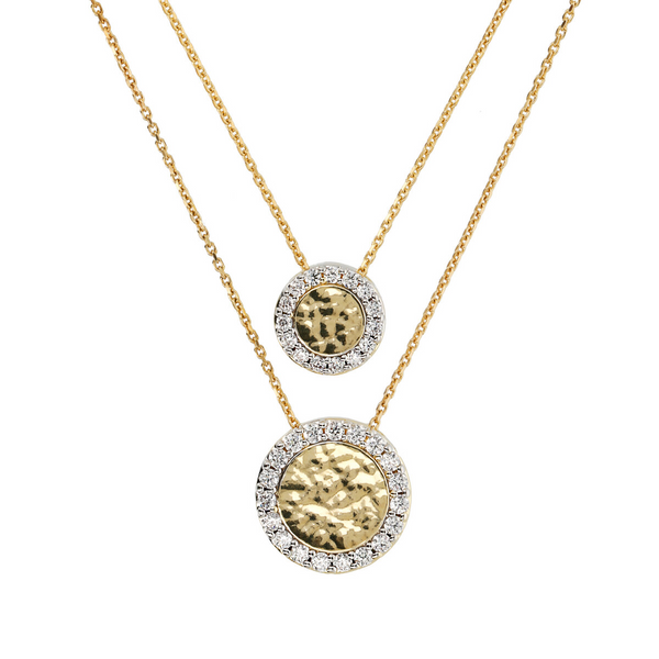 Multi-strand Rolo Chain Necklace with Hammered and Pavé Disc Pendants in Cubic Zirconia