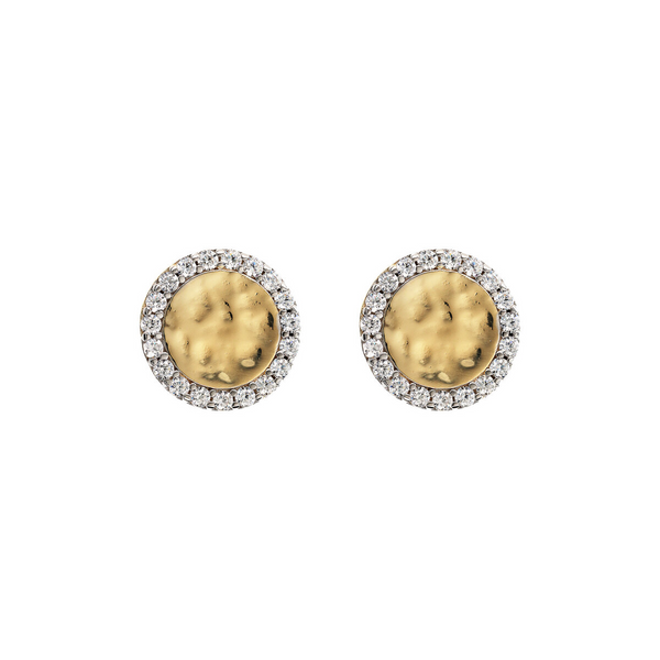 Stud Earrings with Hammered Disc and Pavé in Cubic Zirconia