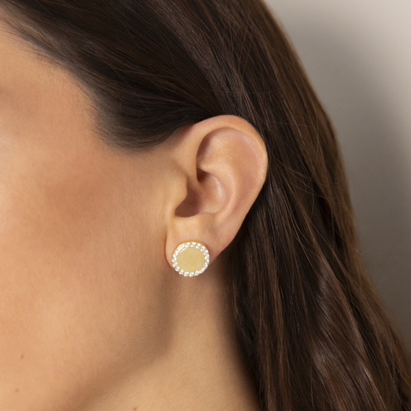 Stud Earrings with Hammered Disc and Pavé in Cubic Zirconia