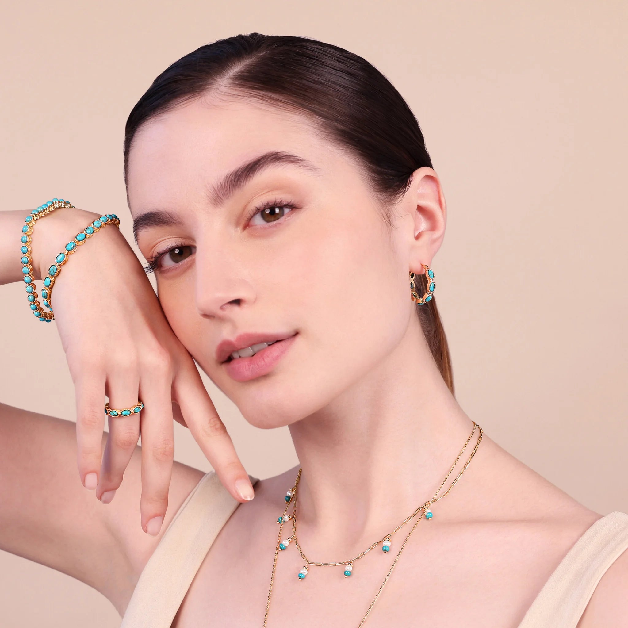 Crafted Hoop Earrings with Natural Turquoise Stone