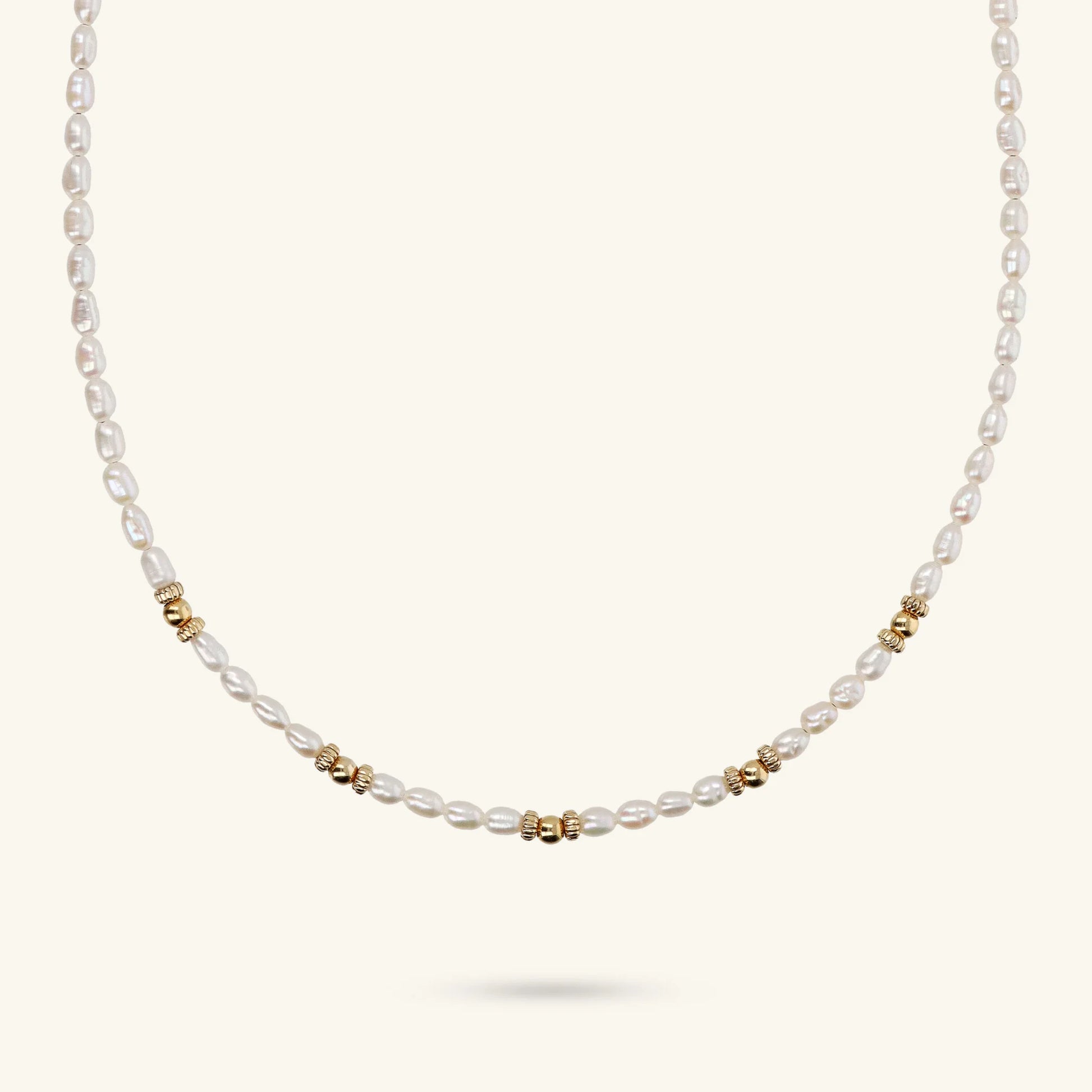 Choker Necklace with Golden Spheres and Freshwater Rice Pearl