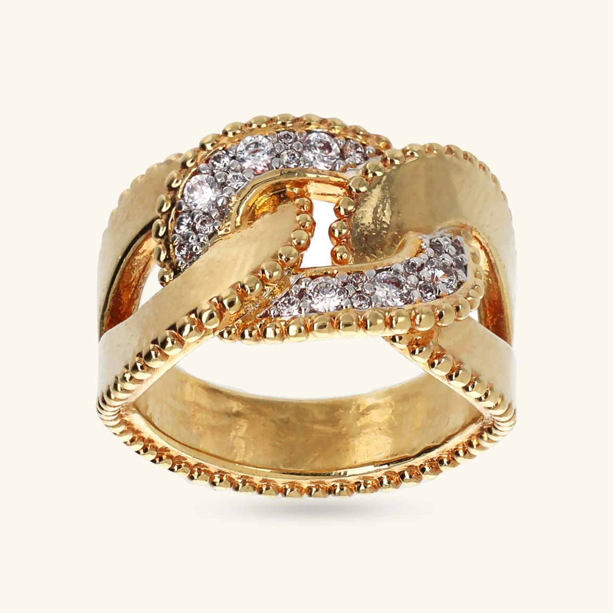Bague bandeau chaîne gourmette avec bords travaillés et pavage en zircone cubique