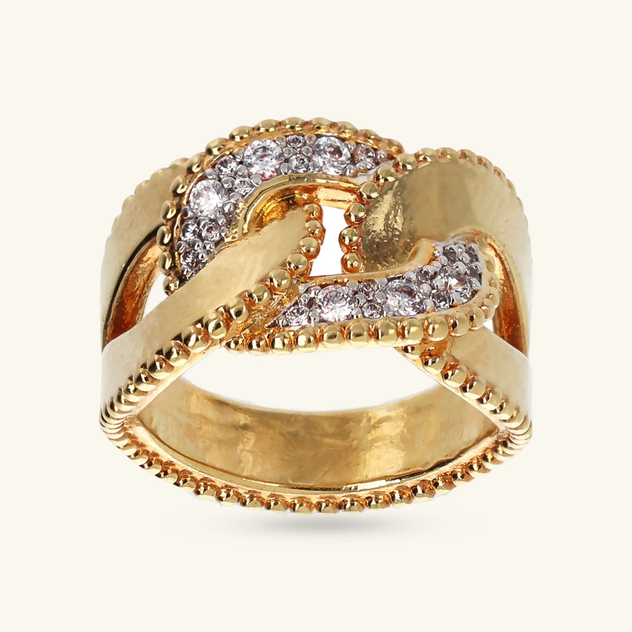 Anello a Fascia Catena Grumetta con Bordi Lavorati e Pavé in Cubic Zirconia