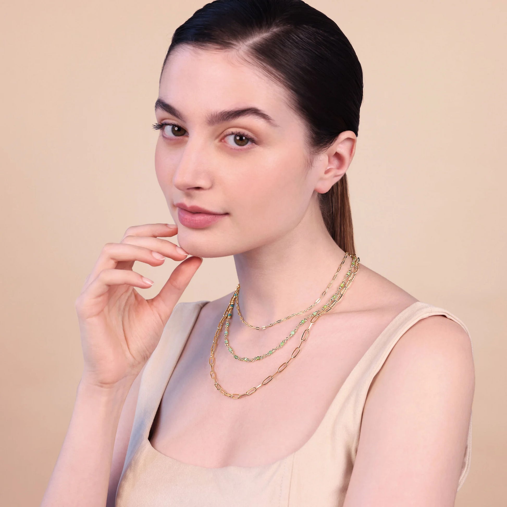 Multi-Strand Necklace with Extended Cable Chain and Faceted Natural Stones