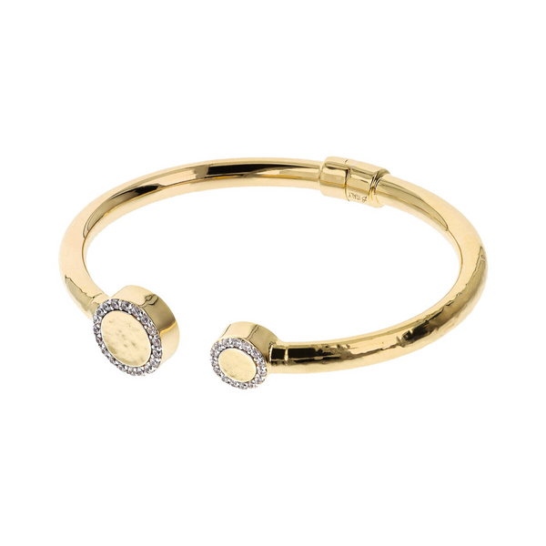 Rigid Bracelet in 18Kt Yellow Gold plated 925 Silver with Double Hammered Disc and Pavé in Cubic Zirconia