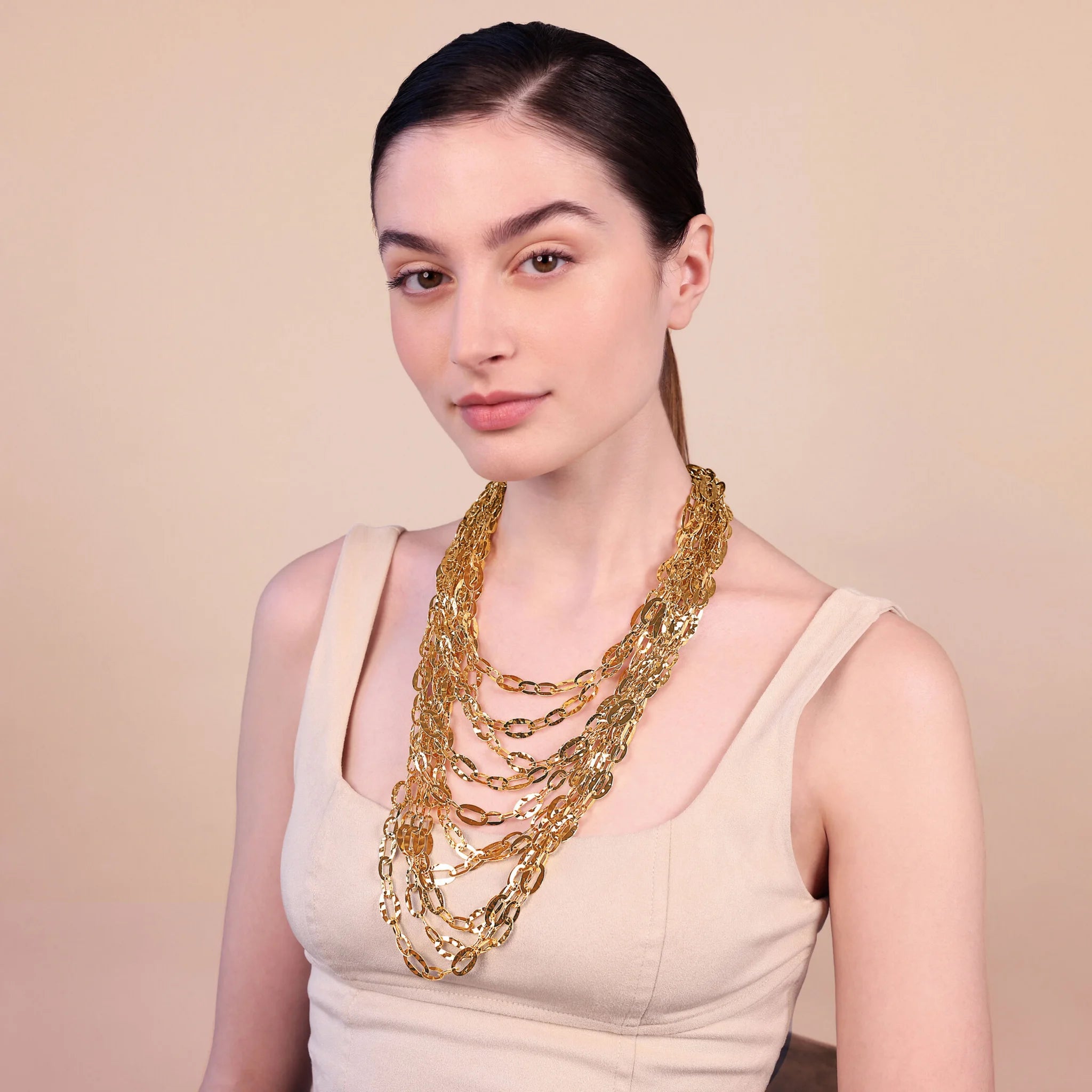Multi-strand Necklace Graduated Oval Chain Hammered