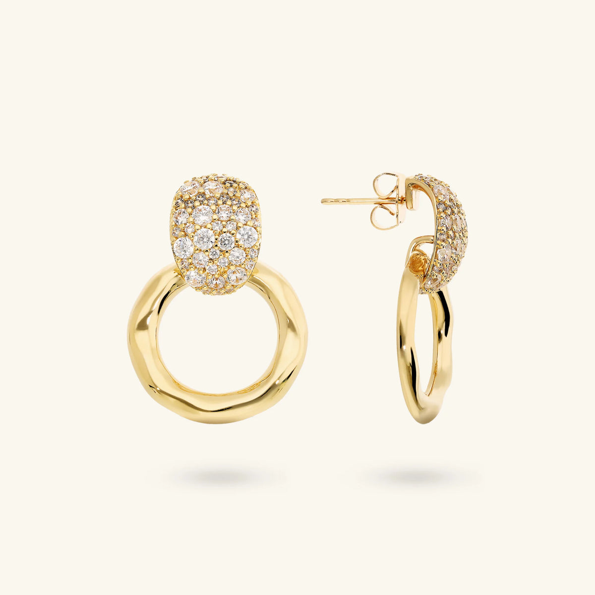 Hammered Ring Drop Earrings with Cubic Zirconia Pavé