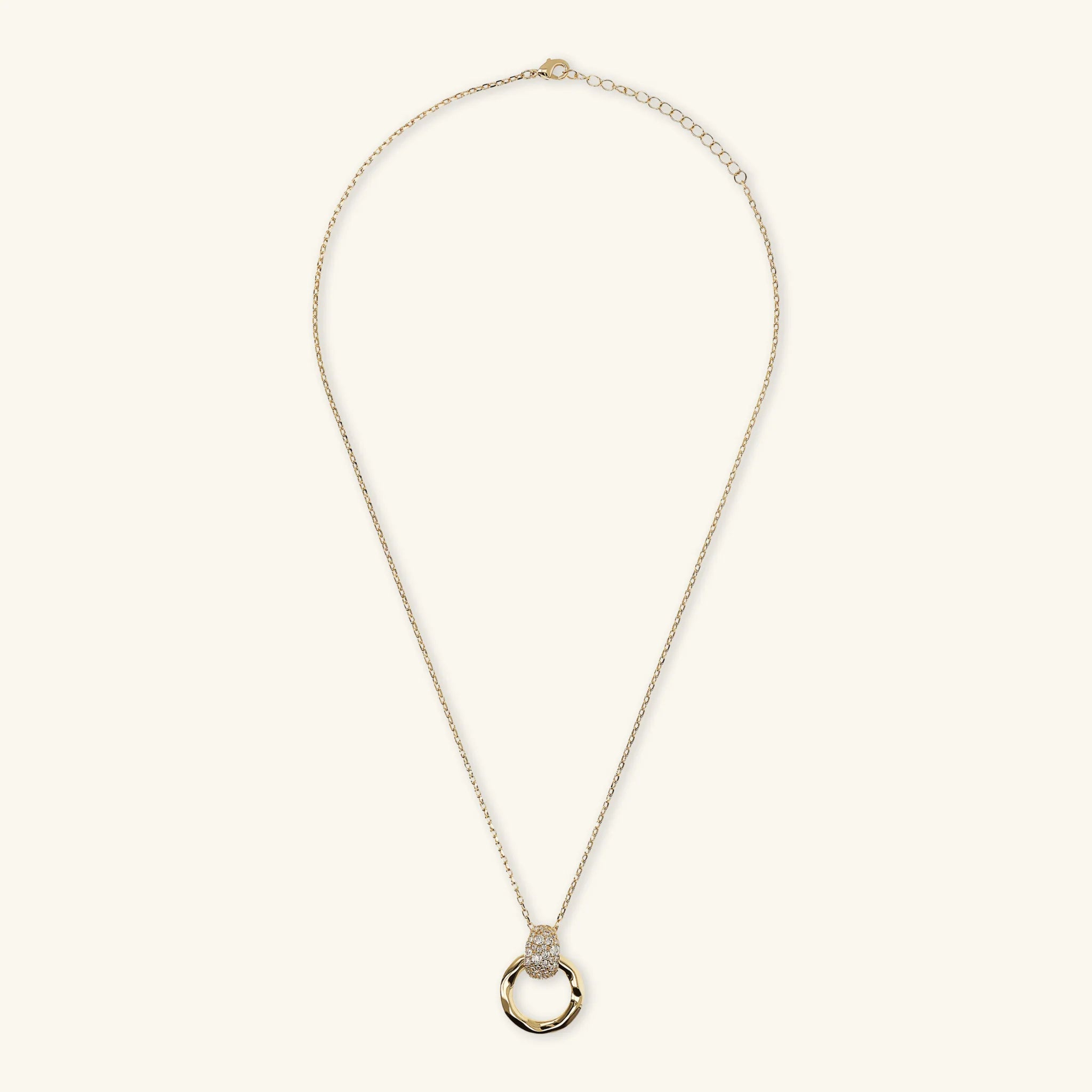 Necklace with Hammered Ring Pendant and Cubic Zirconia Pavé