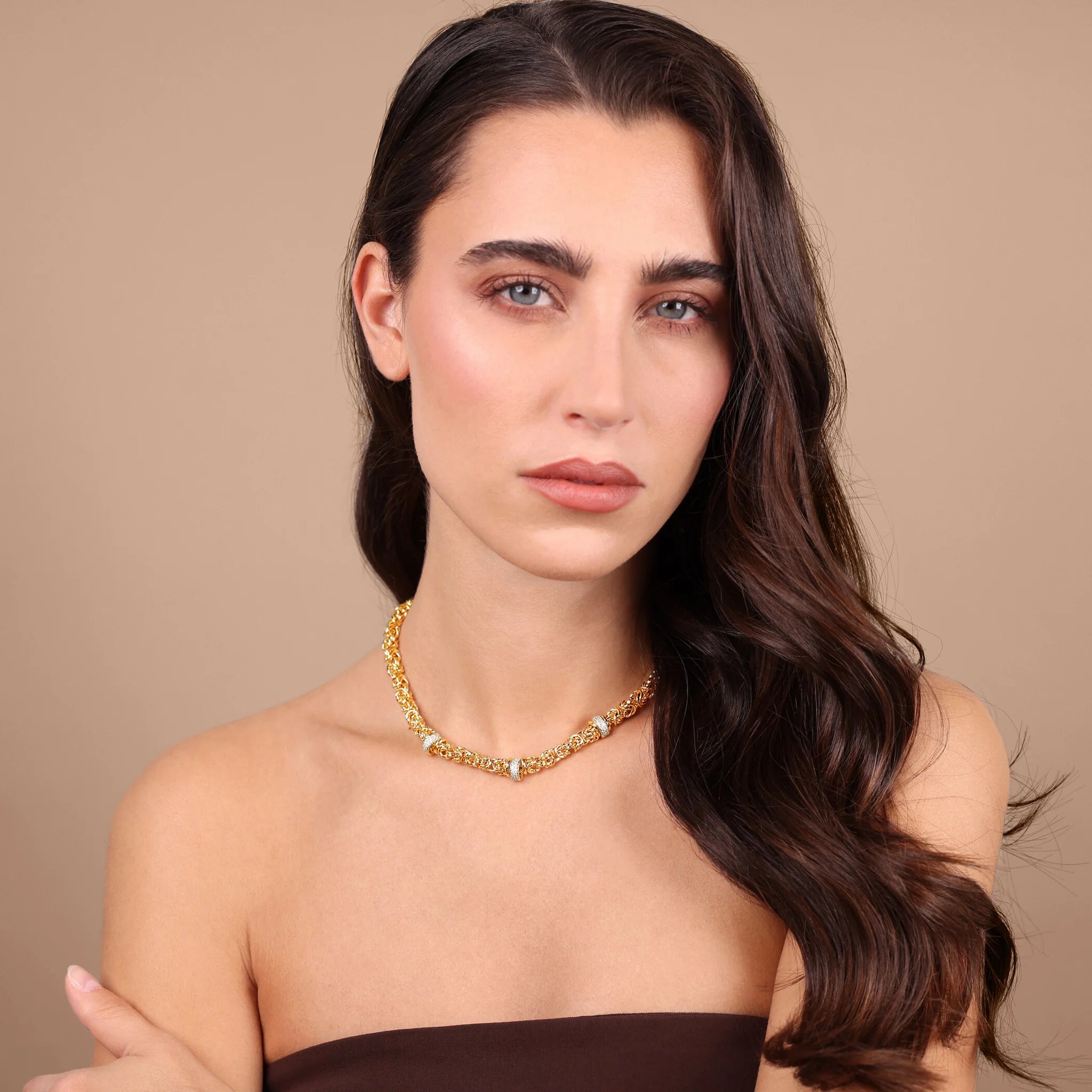 Collana Girocollo Catena Bizantina con Rondelle in Pavé di Cubic Zirconia
