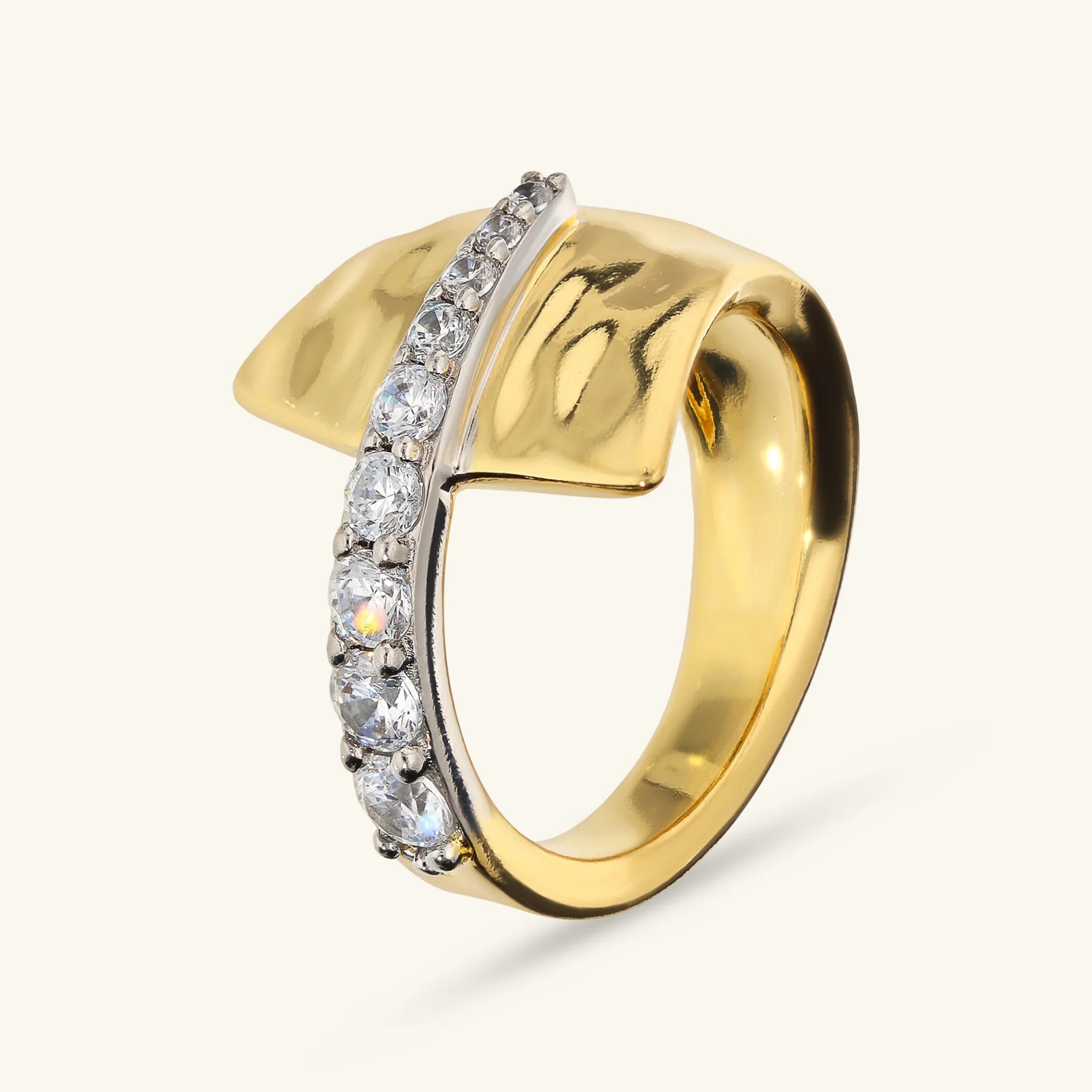 Hammered Contrarié Ring with Cubic Zirconia Pavé