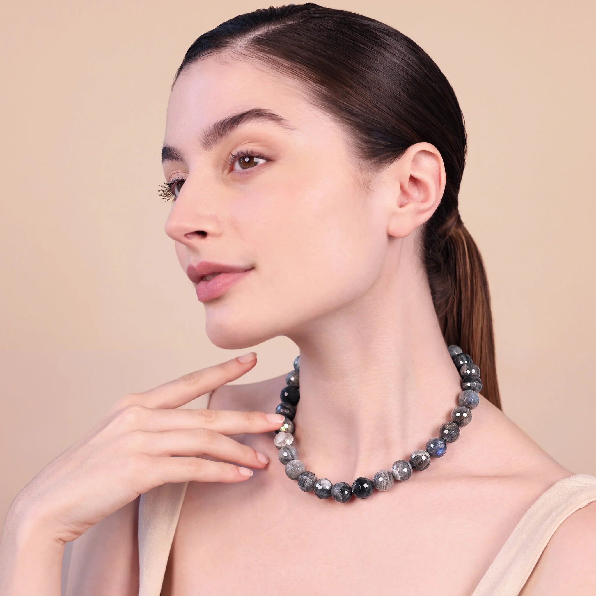 Collana Girocollo con Labradorite Sfaccettata in Argento 925 Placcato Oro Giallo 18kt